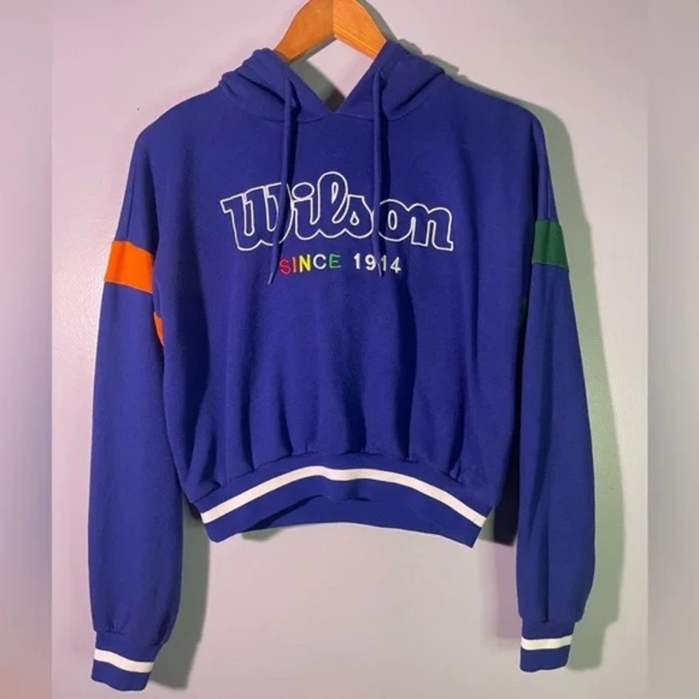 F21 Blue Wilson Since 1914 cropped hoodie white stripe Size Large